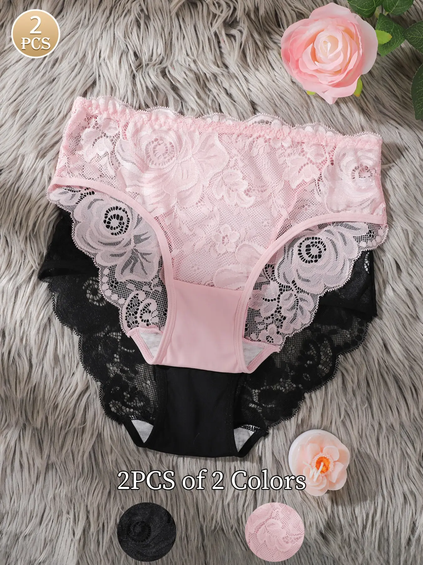 2-Pack Rose Lace Panties, Semi-Transparent Mesh Mid-Waist Triangle Underwear, Soft Stretch Breathable Comfort, Everyday Style