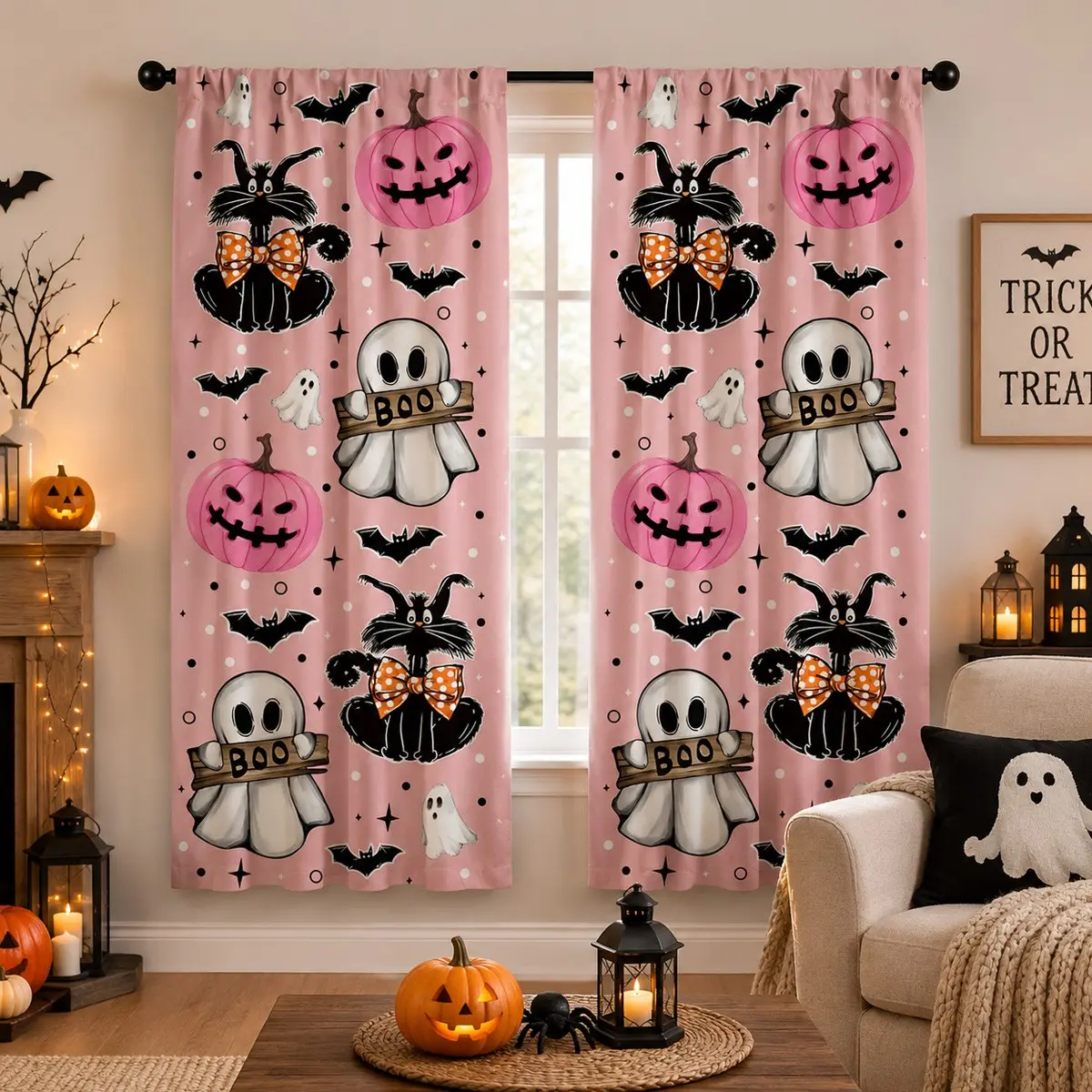2-piece sweet bow-adorned black cat and pumpkin print Halloween party decorative semi-blackout curtains, pocket rod installation, made of polyester, softens light and protects privacy, suitable for living rooms, kitchens, bedrooms, studies, hotels, etc.