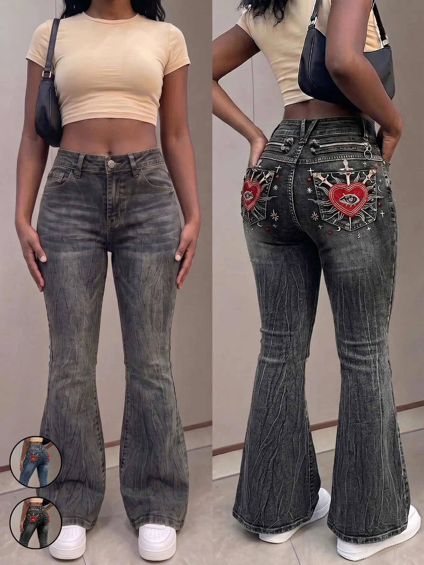 Women's Y2K Fashion Streetwear Heart Embroidery Slim Fit Stretch Bell Bottom Jeans, Trendy Embroidered Denim Jeans for Casual Wear, Fashion Jean Bottoms, Stylish and Comfortable