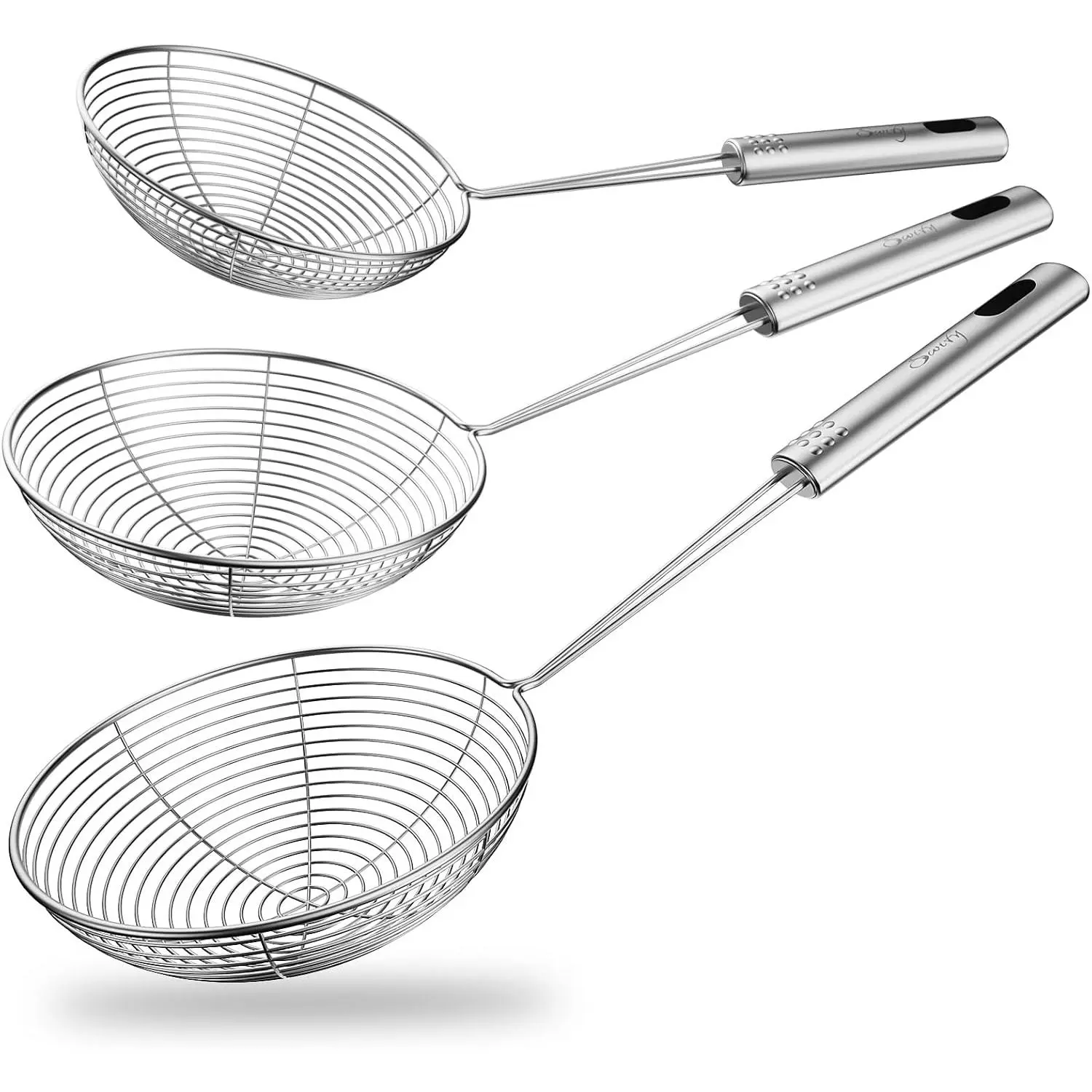 Spider Strainer Set of 3  Strainer Ladle Stainless Steel Wire Skimmer Spoon with Handle for Kitchen Frying , Pasta, Spaghetti, Noodle-4.3", 5", 5.7"