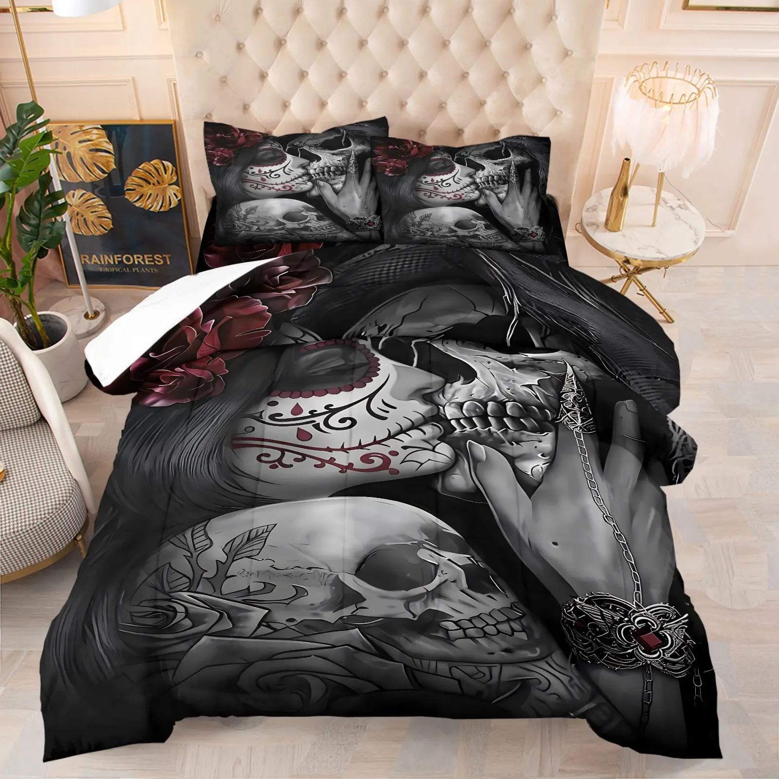 Halloween Sugar Skull Comforter Set-1 Quilt + 1-2 Coreless Pillowcases-A Picture of a Girl with Skeleton Makeup Kissing a Skeleton-Soft Warm Bedding-Dark Fairy Tales & Gothic Romantic Bedroom Decor-Comfy Bed Sets-Decorative Bedding Set