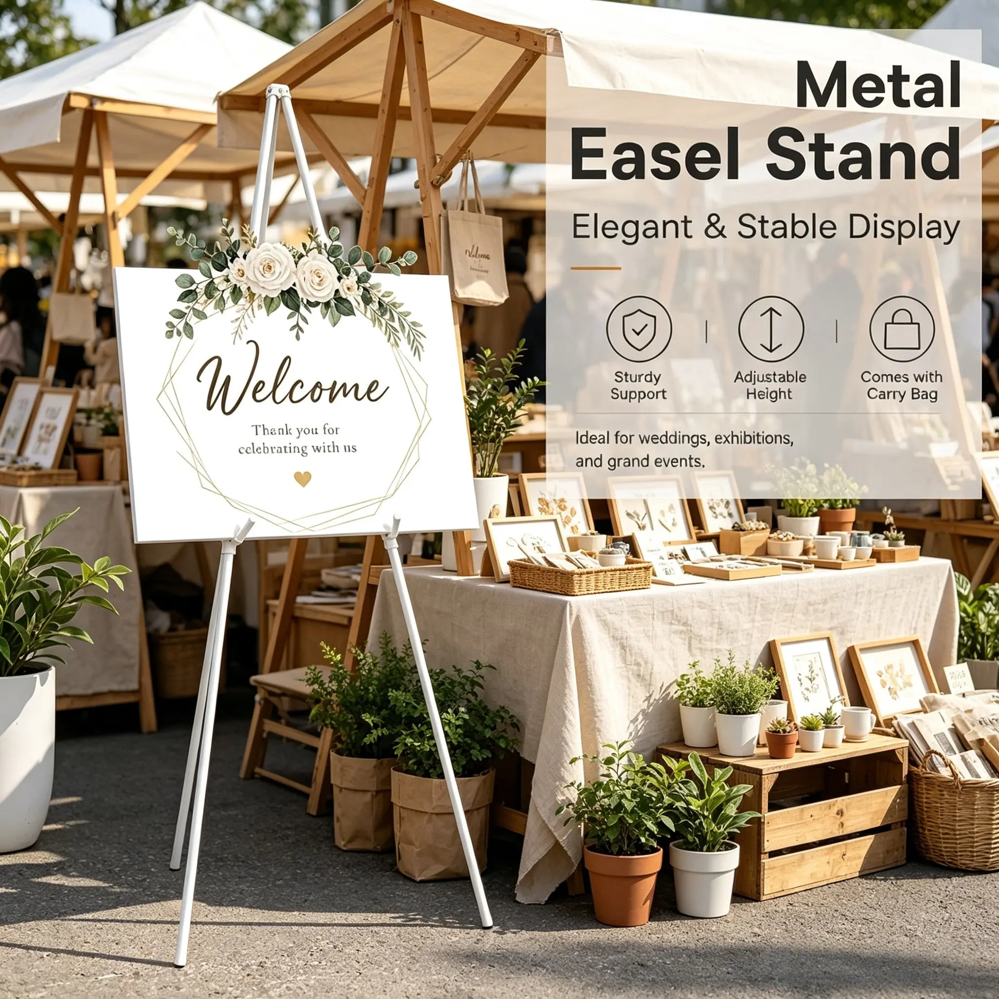 High Load Capacity Iron Display Stand, Adjustable Tray for Large Welcome Signs, Stable and Non-Slip, Ideal for Wedding Decorations