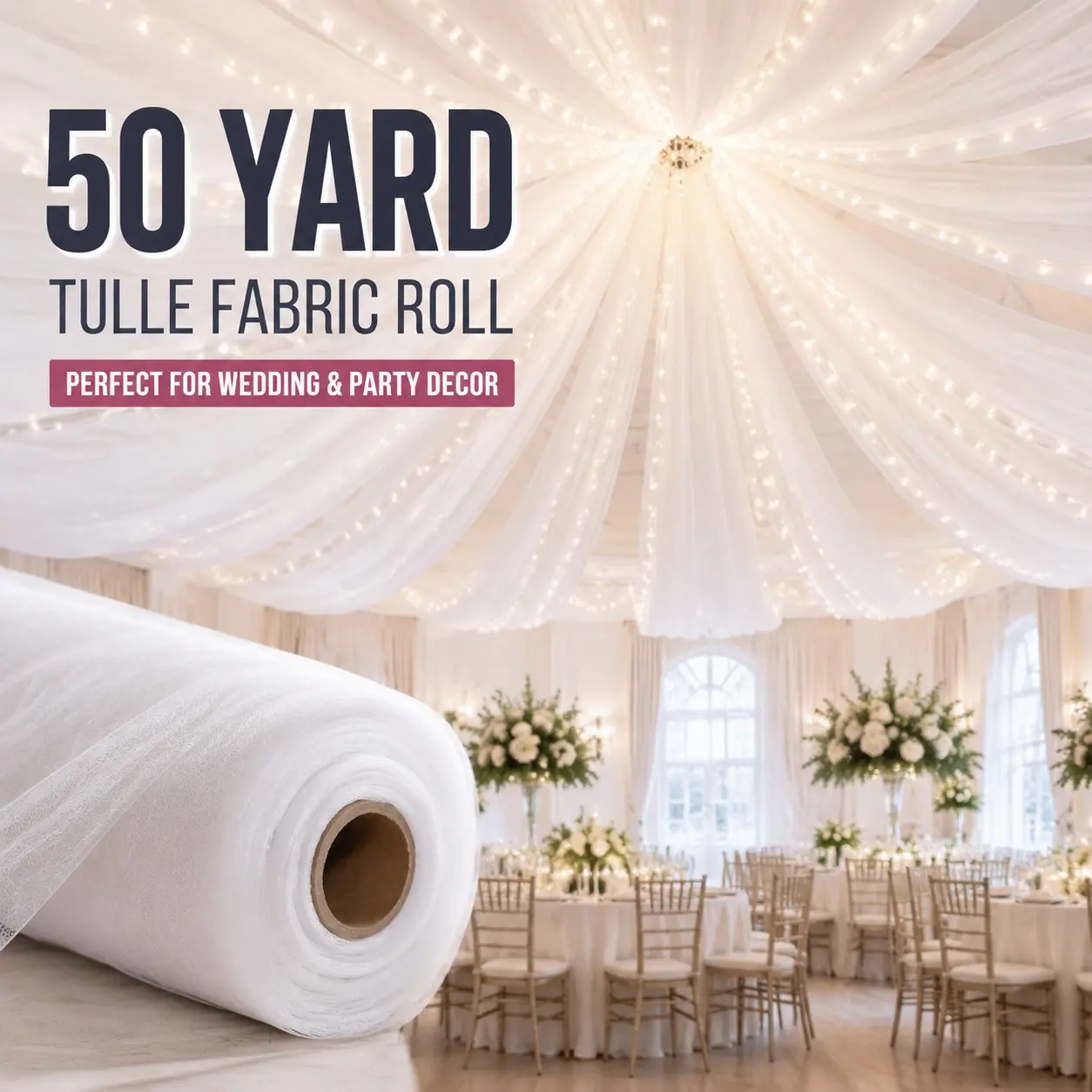 Sheer Fabric Roll 19.6 Inches X 50 Yards, Breathable Polyester Fabric, Semi Sheer Tulle, Perfect for Wedding Arch, Party Ceiling, Engagement Backdrop, Stage Decor, DIY Weddings