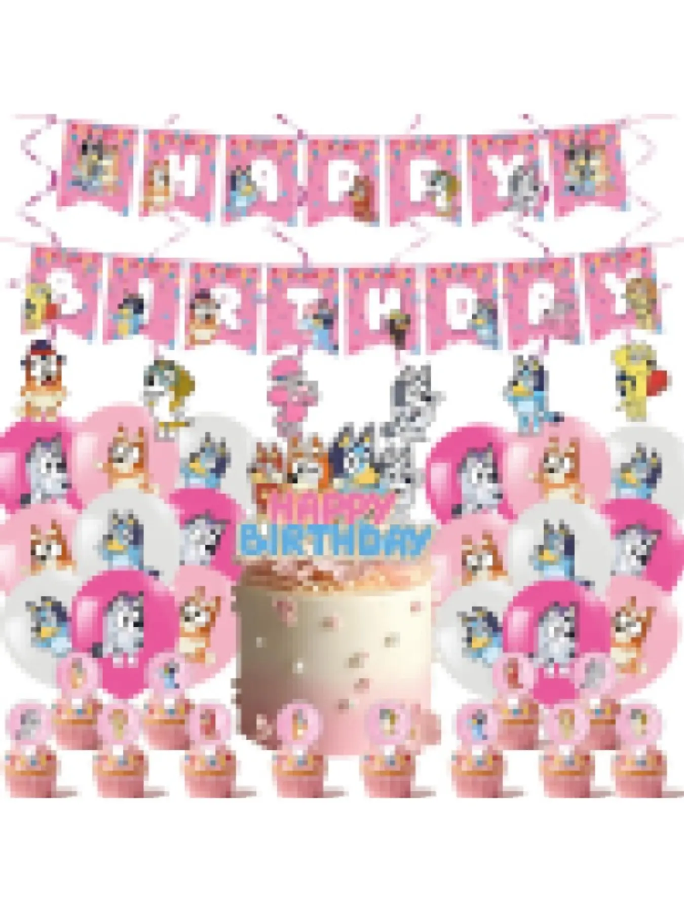 Bluely Style Girl Birthday Party Decor Set, Includes Backdrop, Banners, Balloons, Cake Flags, Cute Birthday Party Decoration
