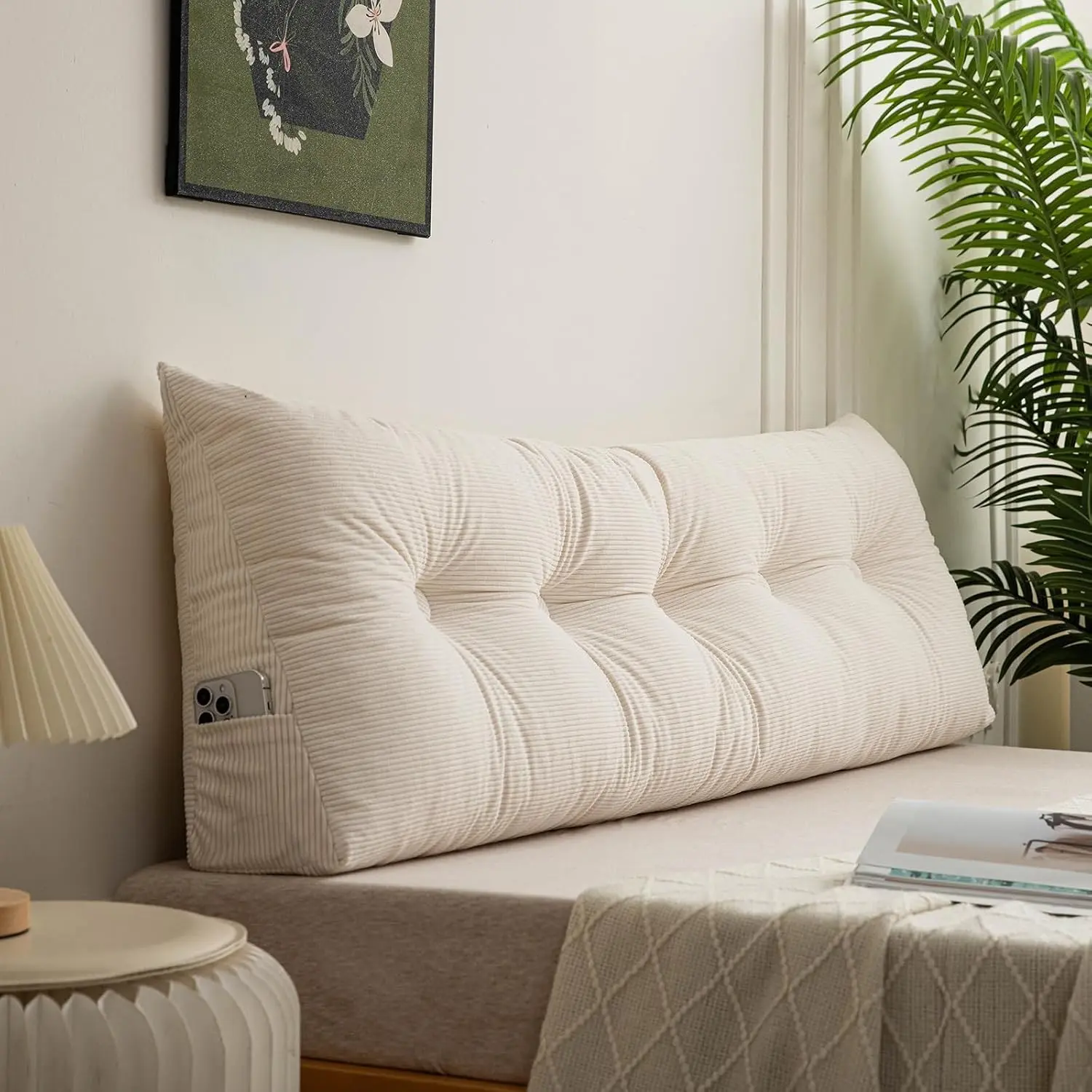 Ivory White Twin XL Wedge-Shape Triangular Headboard Pillow - College Dorm Backrest Bolster Cushion, 39x4.7x15.7in