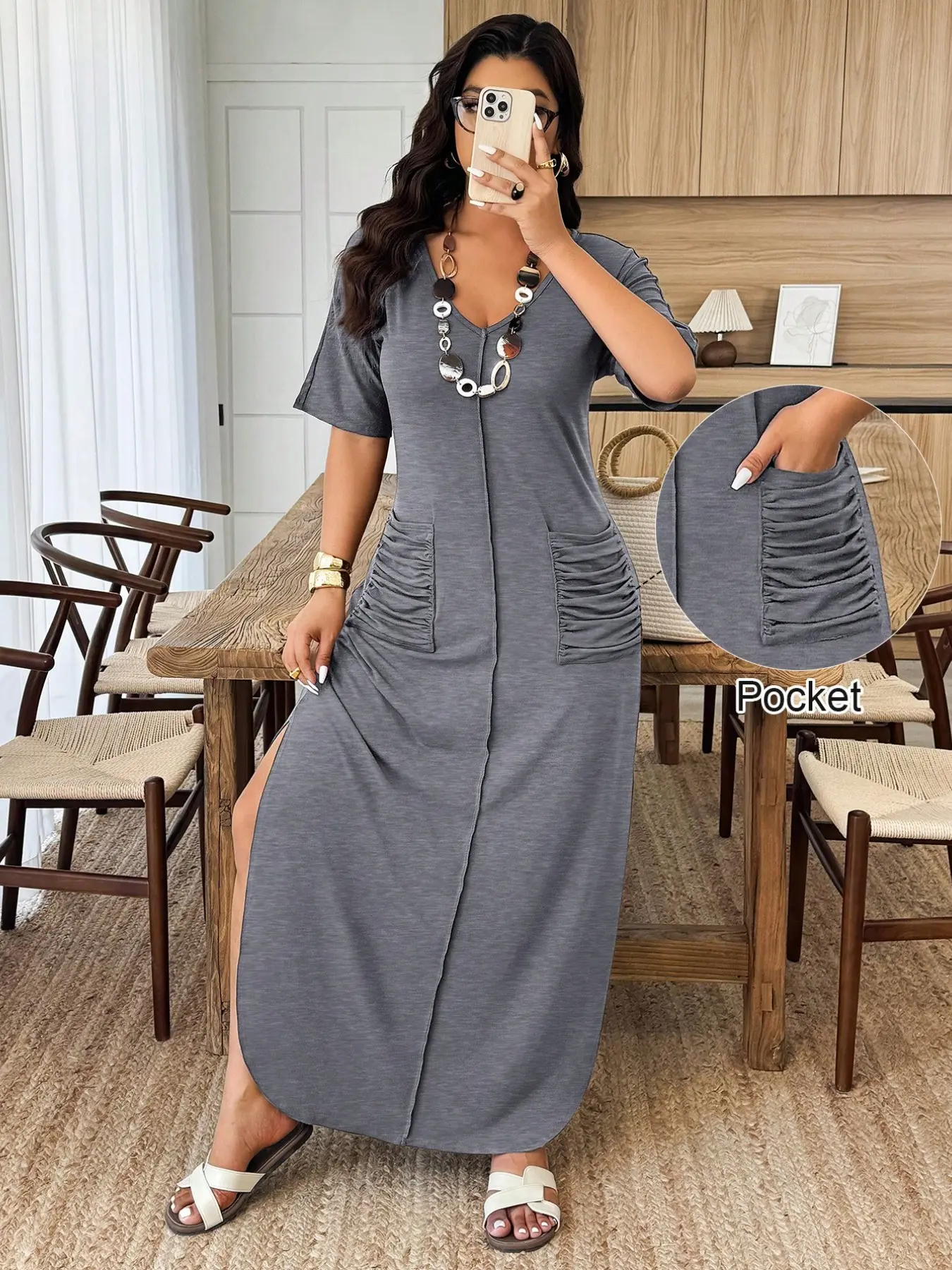Plus Size Women's V-Neck Casual Dress, Summer Short Sleeve Long Dress with Side Pleated Pockets, Comfortable, Stylish, Chic, Casual Wear, Everyday