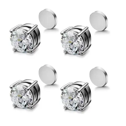 Stainless Steel Magnetic CZ Stud Earrings - 6-8mm Magnetic Button Jewellery, Minimalist Silver-Tone, Non-Piercing Temporary, Allergy-Free Unisex Fashion Accessories for Christmas, Anniversary, All Seasons