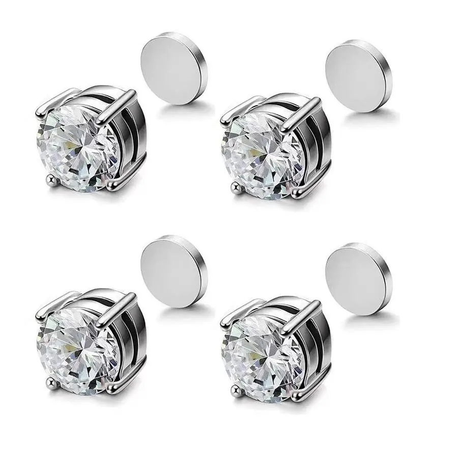 1 or 2 Pairs Fashion Jewelry Stainless Steel Magnetic Stud Earrings for Men Women Non-piercing CZ 6-8mm, no piercing ears, anti-allergic, Round Modern