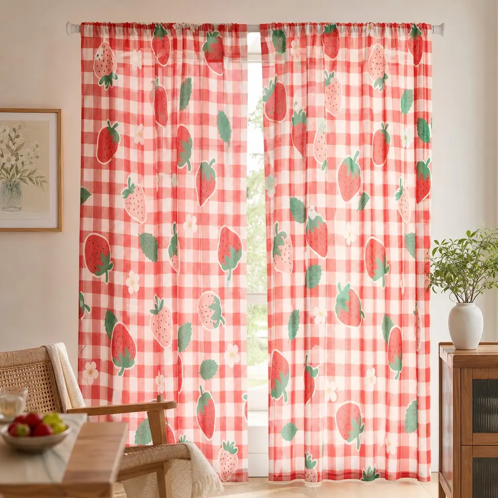 2-Pack Strawberry Pattern Semi-Transparent Curtains, Cute Cartoon Style, Sweet Farmhouse Theme, Ideal for Girls' Bedroom, Baby Room, Kitchen, Apartment Decor