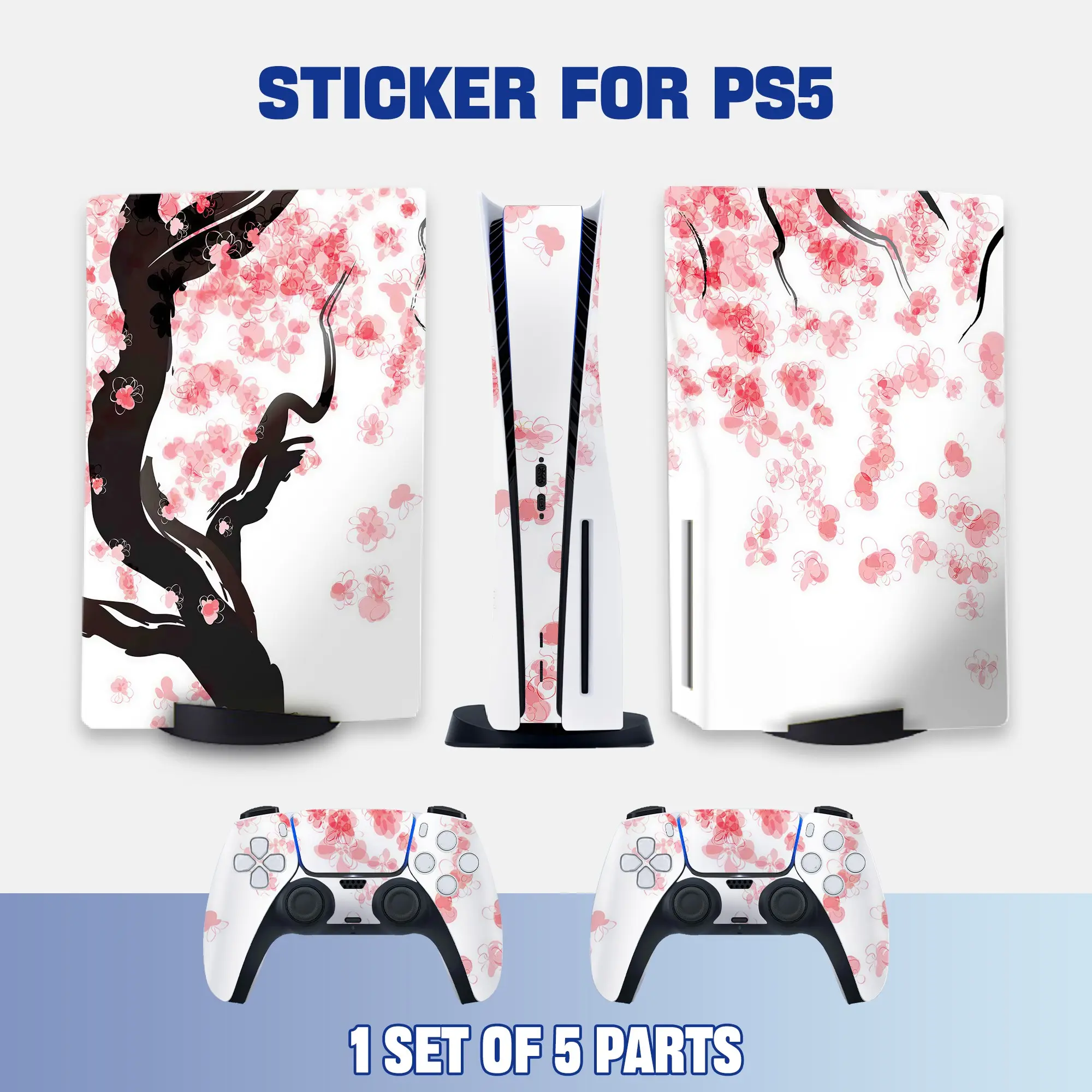 Cherry Blossom PS5 Disc Edition Vinyl Skin Sticker for Console & Controllers, Waterproof, Scratch-Resistant, Dustproof, Removable & No Residue