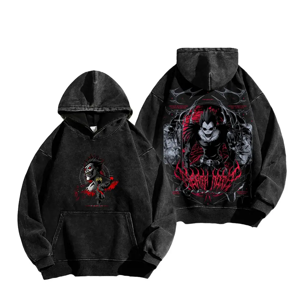 Menswear Unisex Vintage Washed Death Note Pullover Hoodie - Soft Fleece Fabric, Long Sleeve, Ryuk Front & Back Graphic Print, Casual Oversized Streetwear Hooded Top, Multiple Colors Available
