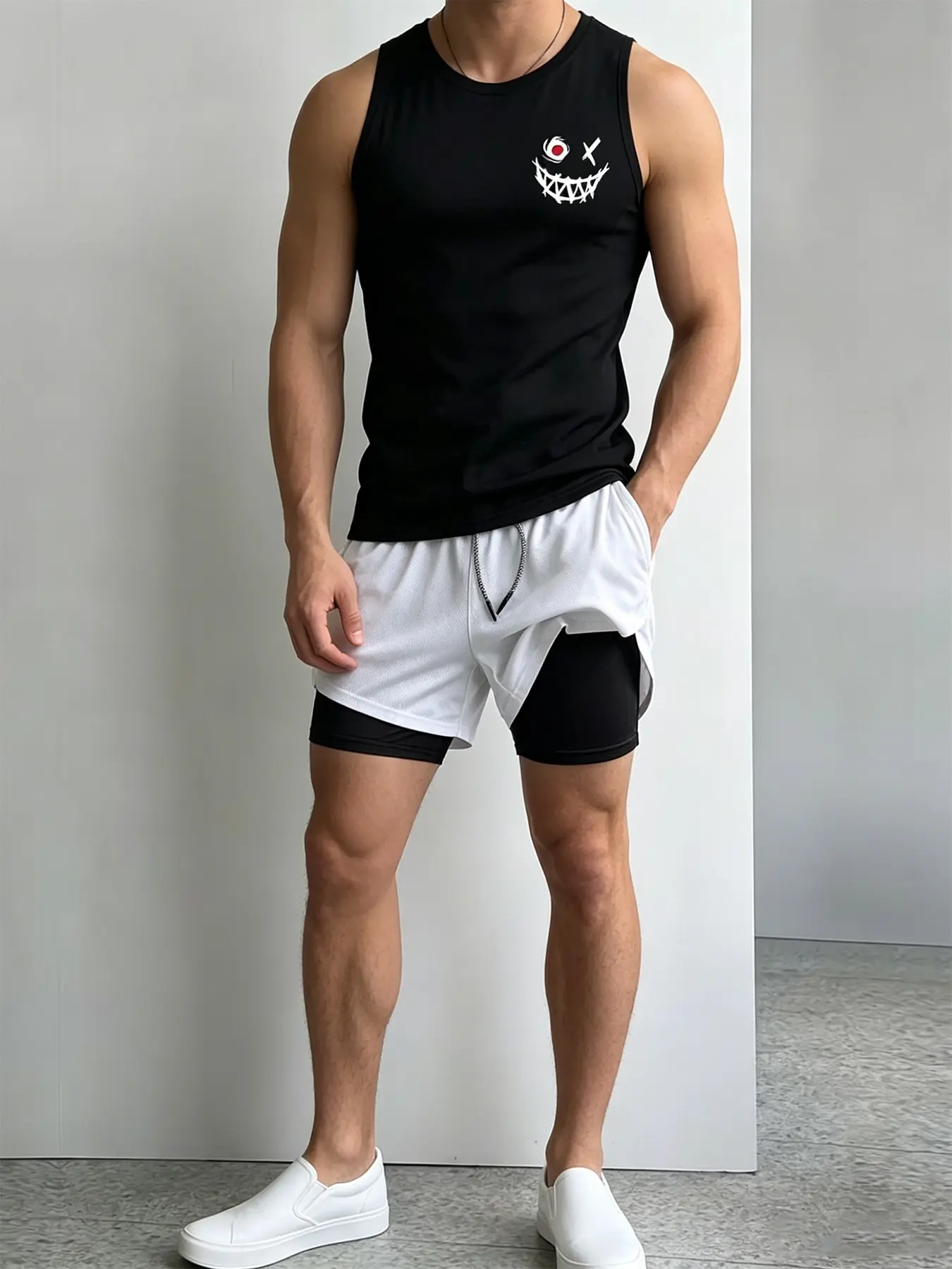 Men Workout Training Set Compression Sleeveless Tank Top Multi-Pocket Double Layer Shorts 2 Piece Doodle One Eye X Eye Horror Face Print Quick Dry Gym Running Athletic Sports Suit