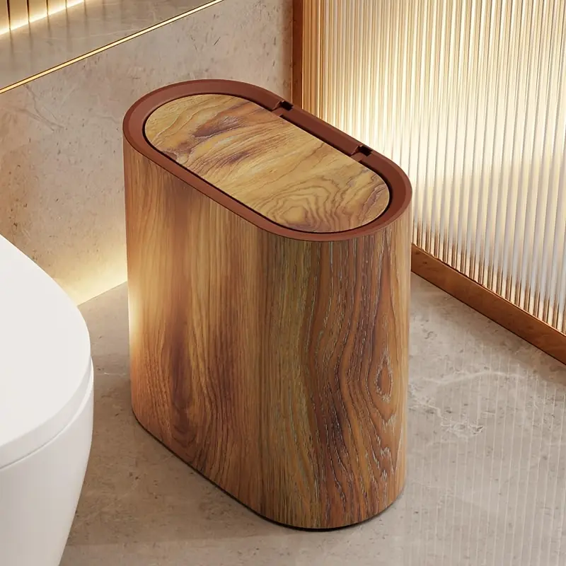 1 Marble and Wood-Grain Trash Can with Plastic Inner Bin – Easy to Clean, Rust-Resistant, Space-Saving; Suitable for Bathrooms, Laundry Rooms, and Home Offices