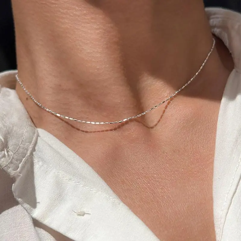 Women's 925 Sterling Silver Elegant Classic Choker Necklace - Simple Geometric Bead Chain, Shiny Delicate Collarbone Jewelry for Adults, Daily Wear Bead Chain Necklaces, Casual, Fashion, Geometric Beads