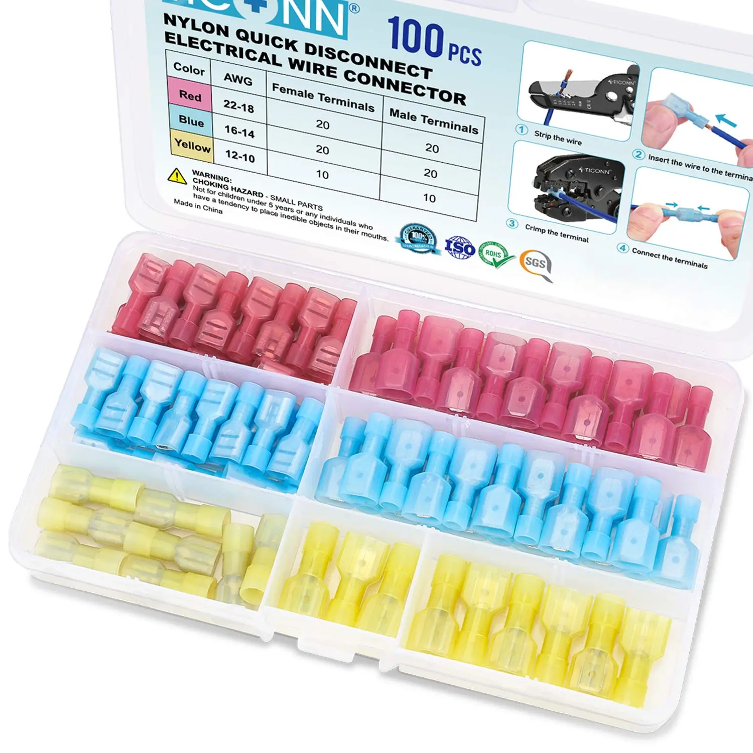 100-Pcs Nylon Shell Spade Quick Disconnect Connectors Kit, Electrical Insulated Male-Female Crimp Terminals Assortment for Marine-Industrial Automotive & Motorcycle Car Electronics