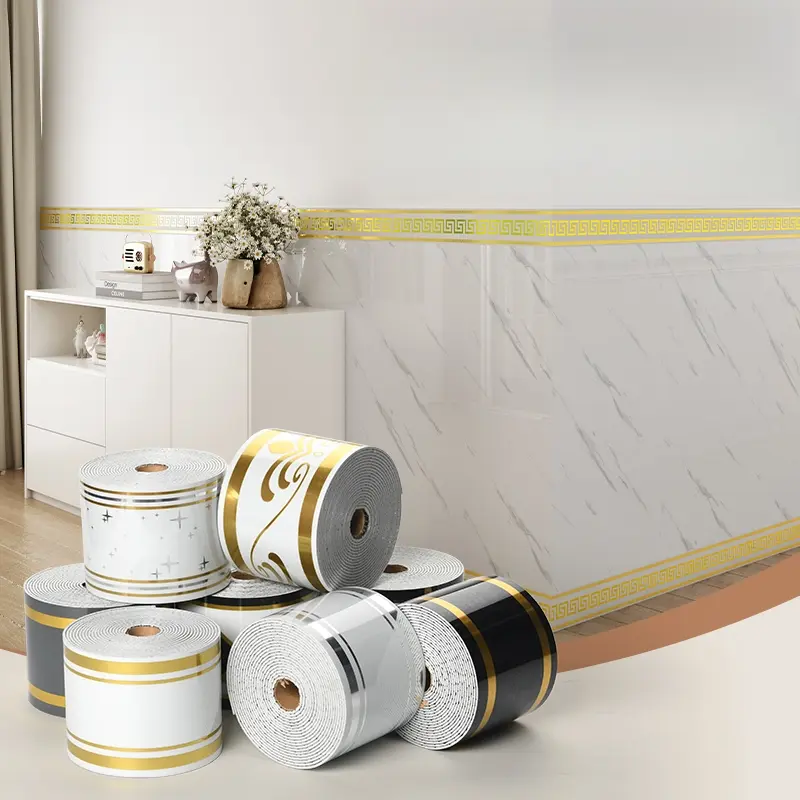 1 Roll  3.94 x 196.85 Inches thickened Greek key self adhesive skirting line marble tile look, usable as window sill border, easy stick wall decor for kitchen bathroom living room office