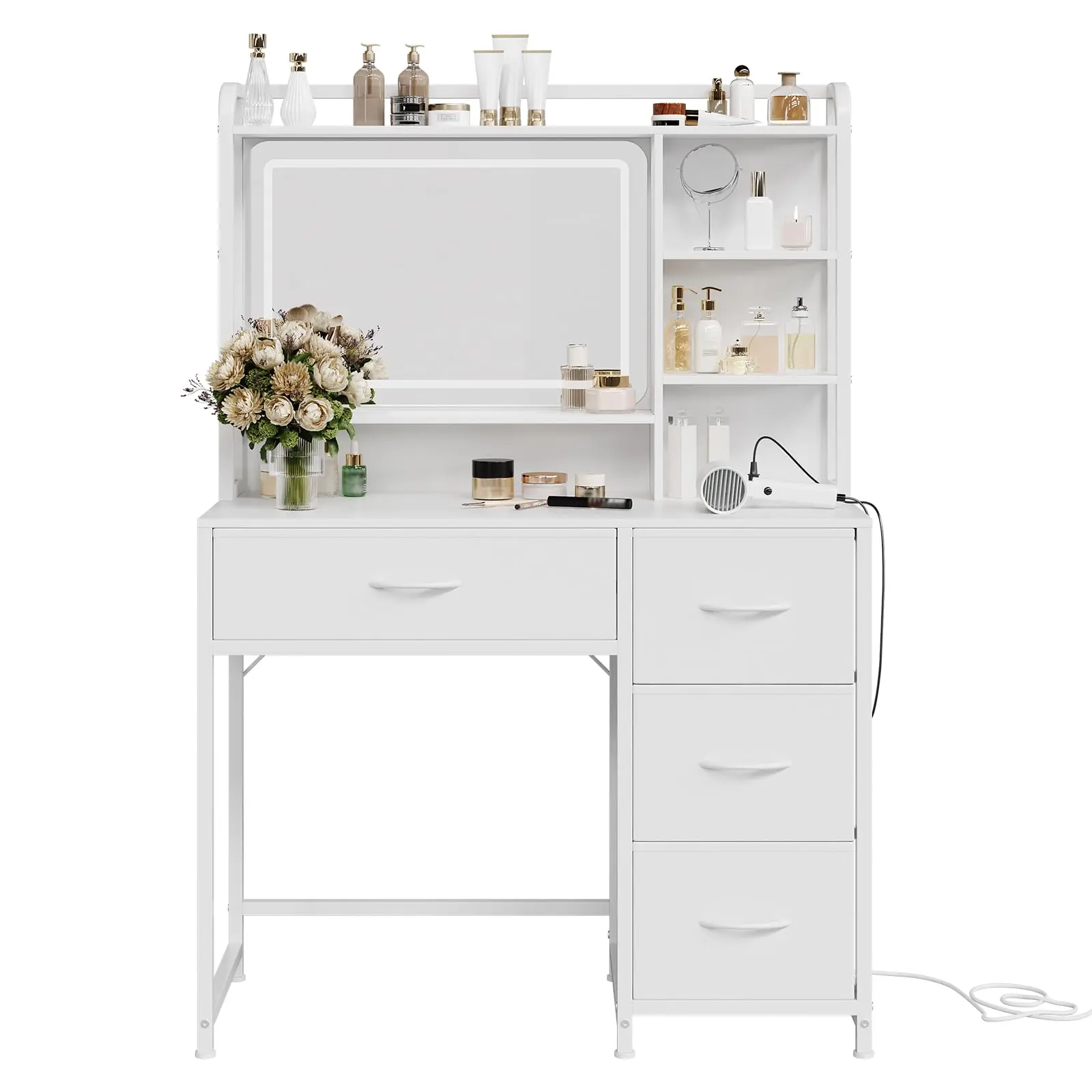 Garvee Modern Vanity Desk with Mirror and Adjustable LED Lights, 35.4" Makeup Vanity Table Featuring Shelves and 4 Fabric Drawers, Ideal for Small Spaces and Stylish Bedroom Storage