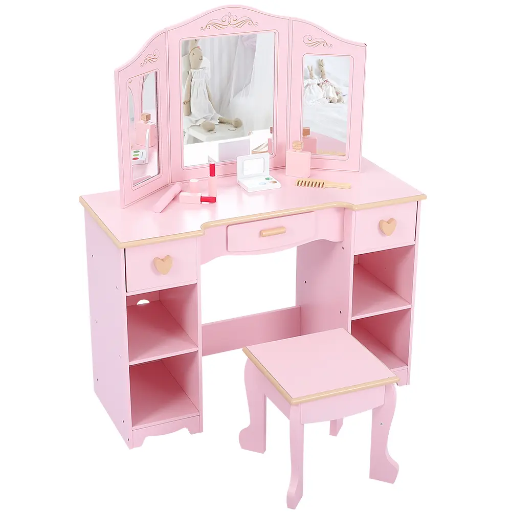 Kids Dressing Table and Stool Set, Pink Girls Vanity Desk with Tri-Folding Mirror, 3 Drawers & 4 Open Storage Shelves, Children's Makeup Desk for Bedroom or Playroom