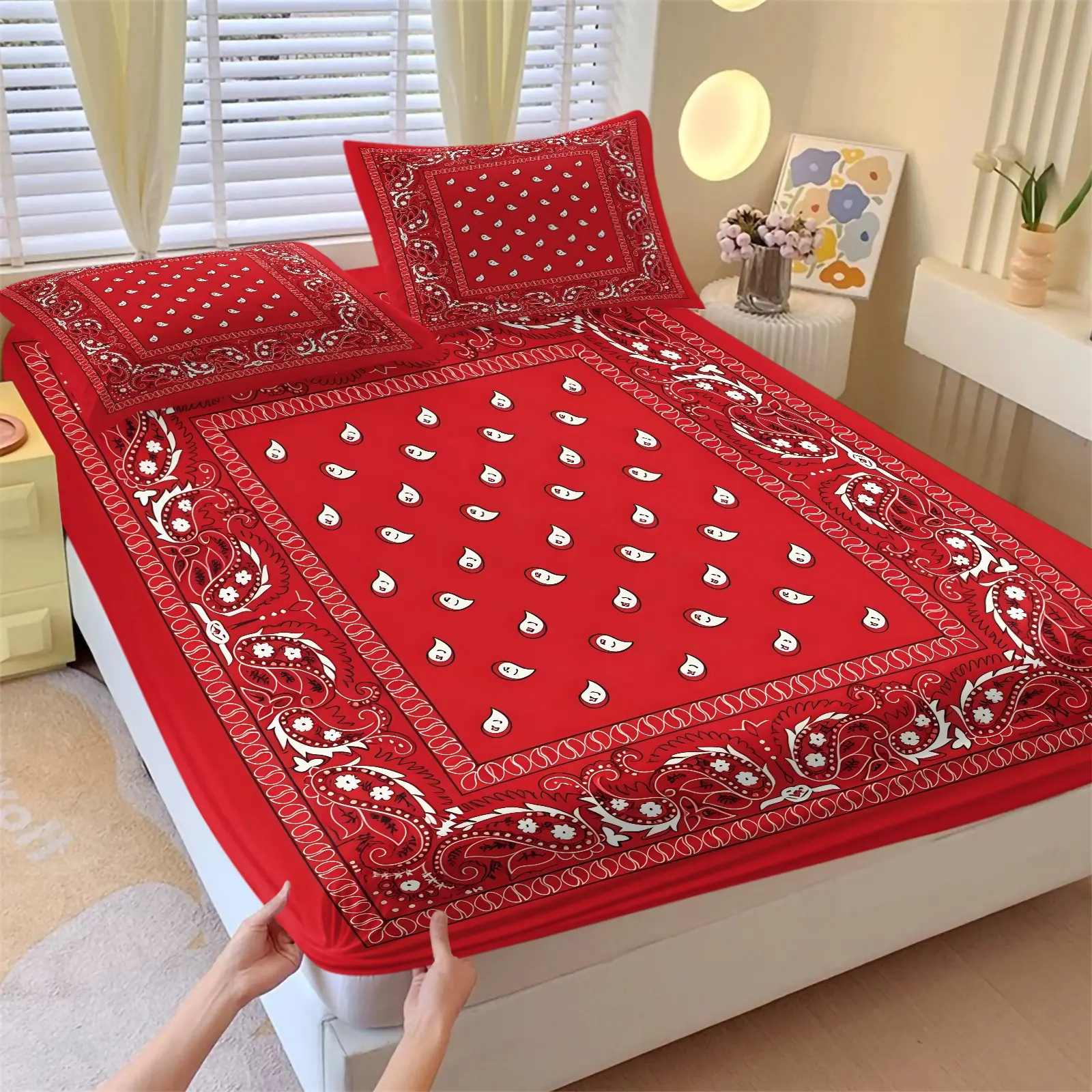 Red Bandana Paisley Print Fitted Sheet Set and 2 Pillowcases No Core, Classic Border & Center Mini Paisley Pattern 3Pcs Bedding Set All Size, Non-Slip Elastic Mattress Cover, All Season Casual Home Textile for Dorm Room Decor