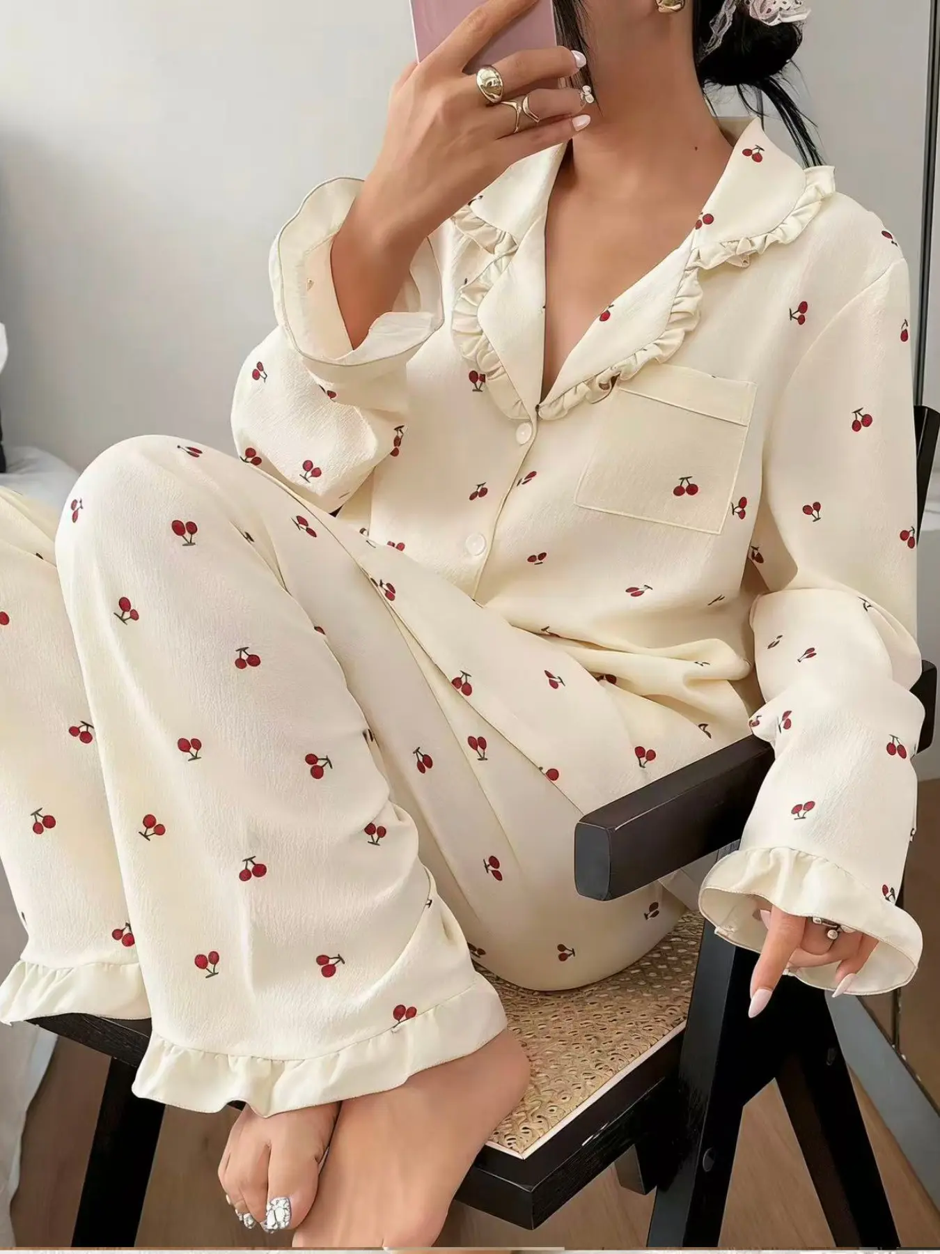 Women's Sleepwear Set, Cherry Print Ruffle Long Sleeve Pajamas, Open Front Collar Comfortable Nightwear, Soft Button-Up Top & Elastic Waist Pants, Loungewear, Pjs, Aesthetic, Pyjamas, Pajama Sets