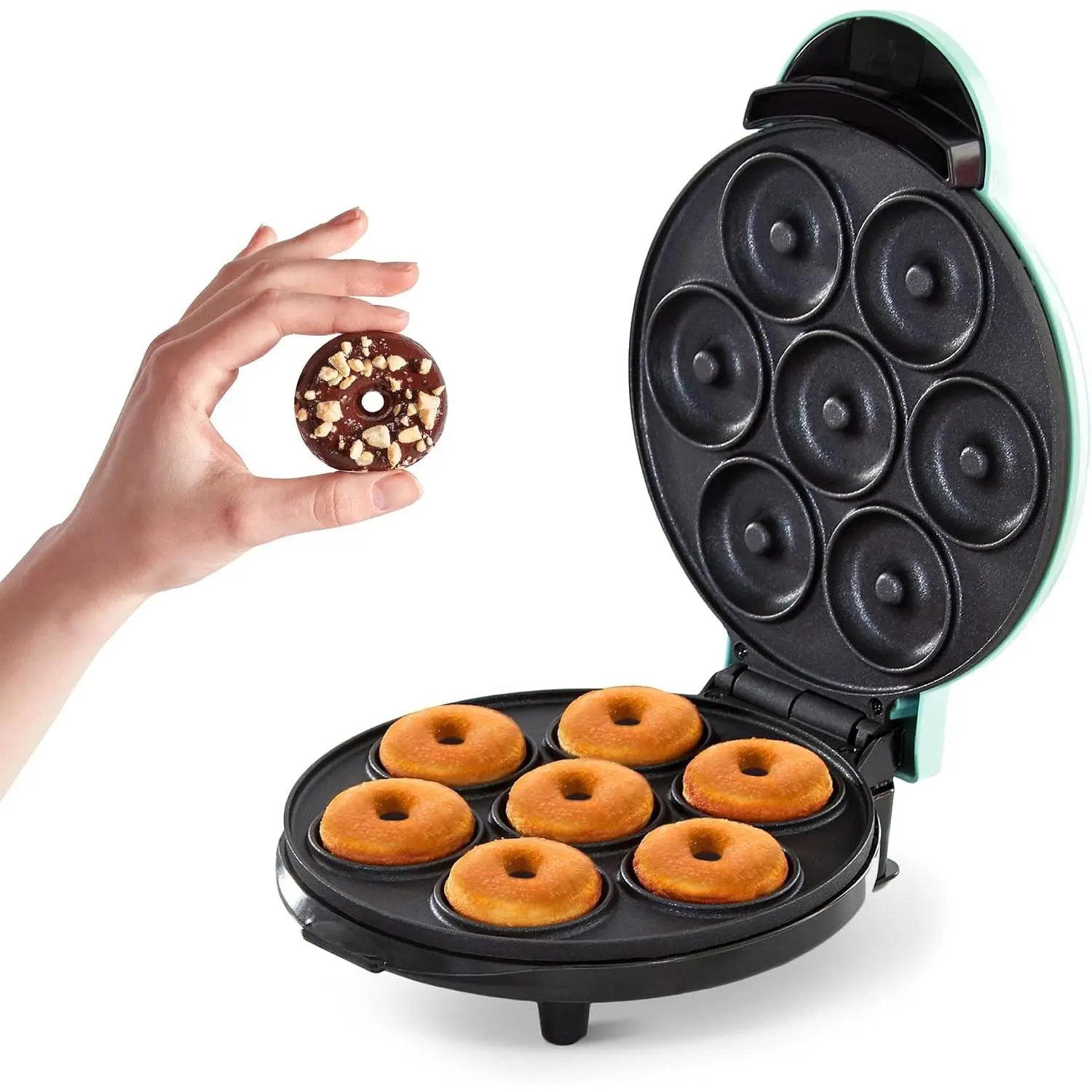 Mini Donut Maker - Homemade Dessert Maker - Features Double-Sided, Non-Stick Surface & Space-Saving Design - Makes 7 - Aqua