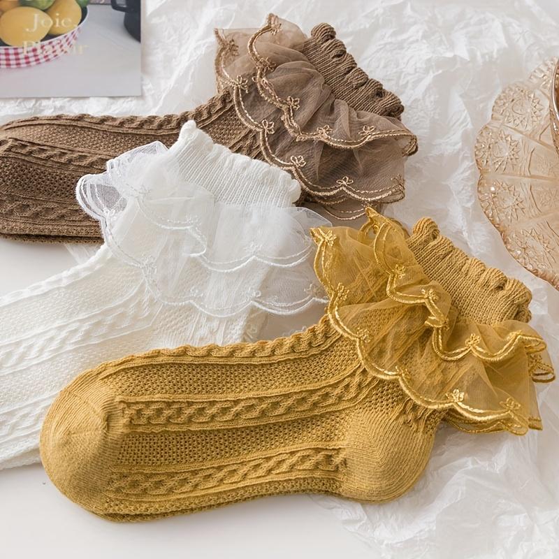 (New)New[Breathable Lace Socks] 5 Pairs Breathable Girls' Lace Ruffle Socks |               Polyester Blend, Comfortable, All-Season White Princess Socks for Dancing, Hand Wash Only, Dancing Socks |               Ruffle Detail Socks |               Knit T