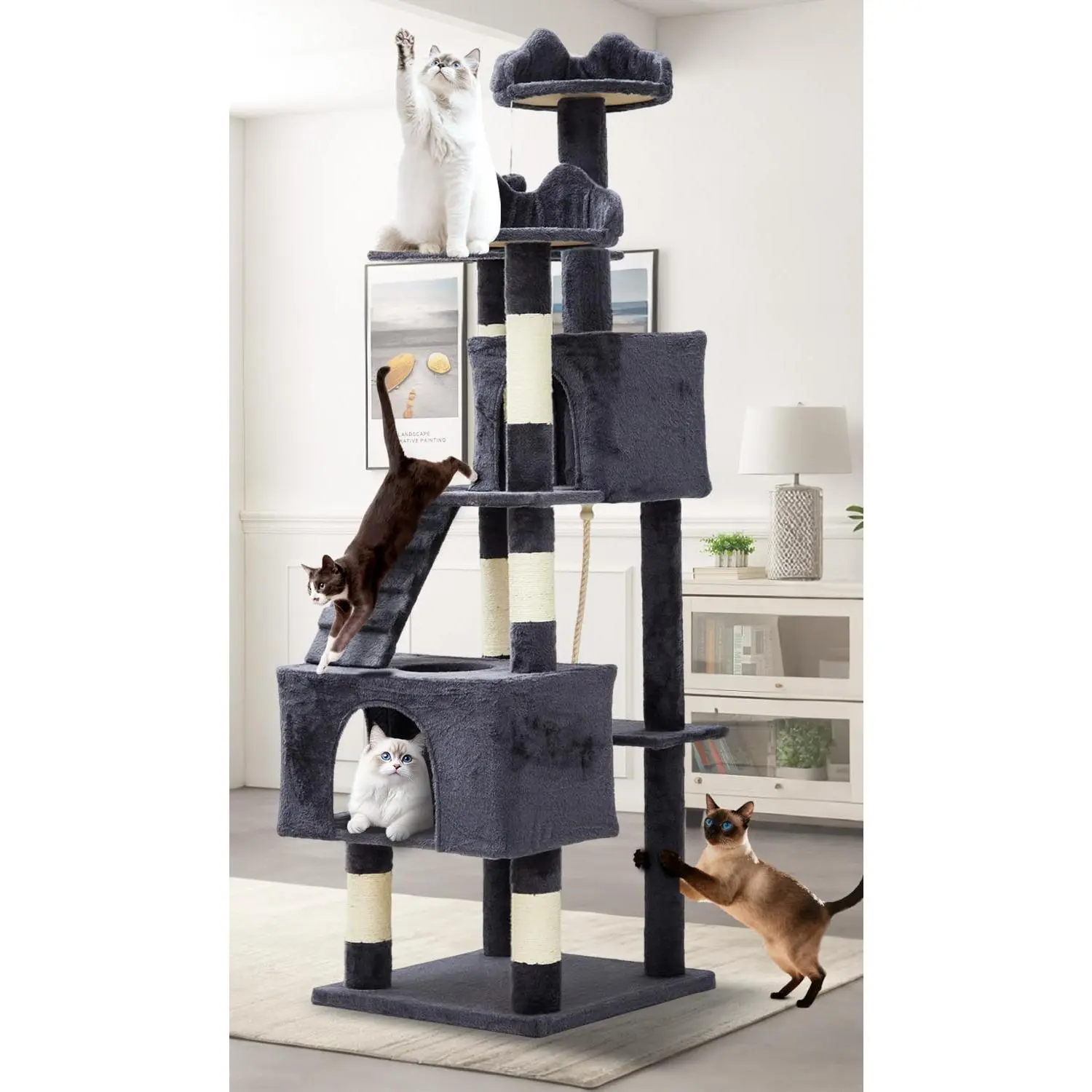 74" Cat Tower for Large Cats – Heavy Duty Cat Tree with 6 Scratching Posts, Large Perch & Balls – Sturdy Indoor House for Big Cats