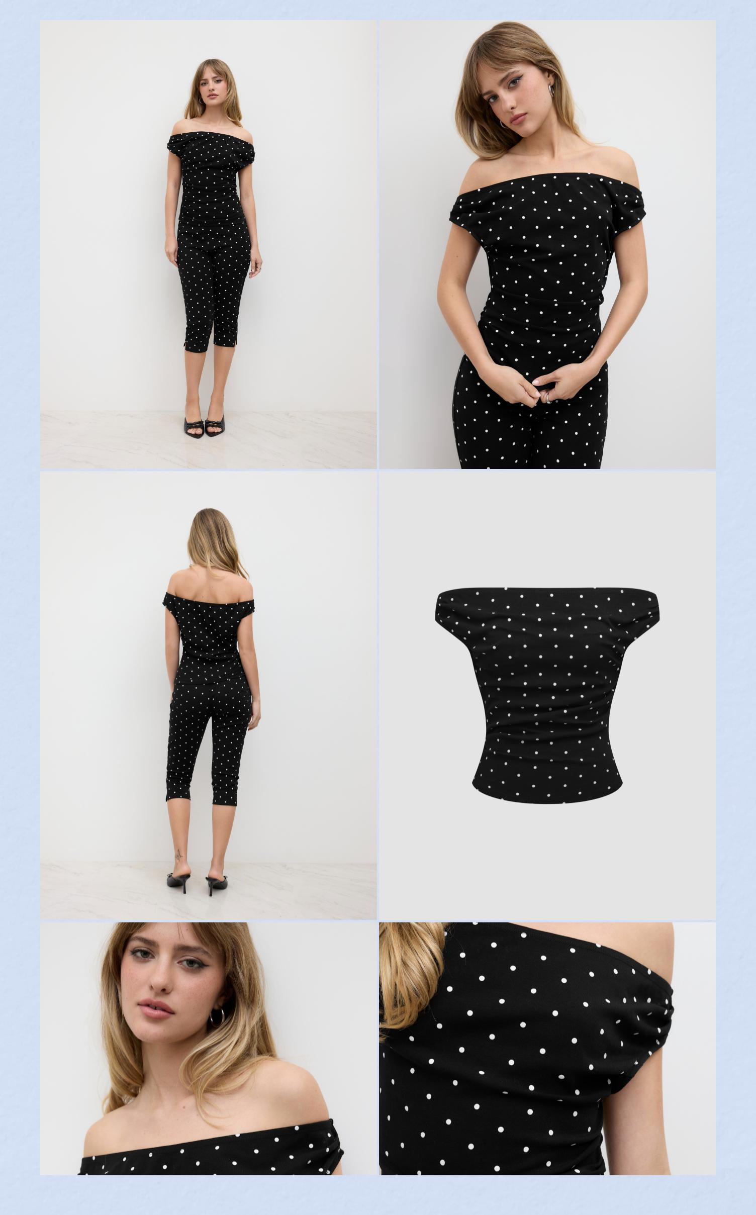 Cider [6 colors, size 0-10] Cotton-blend Off-shoulder Polka Dot Ruched Top