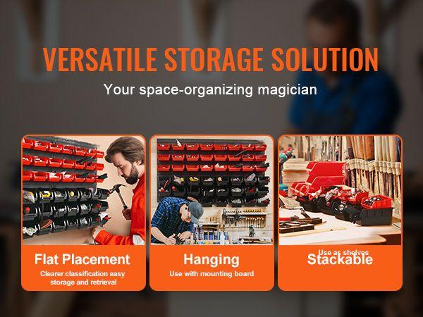 Wall Mounted Storage Bins, 48-Bin Parts Rack Organizer Garage Plastic Shop Tool with Wall Panels, Tool Organizer for Nuts, Bolts, Screws, Nails, Beads, Buttons, Other Small Parts, Black and Red