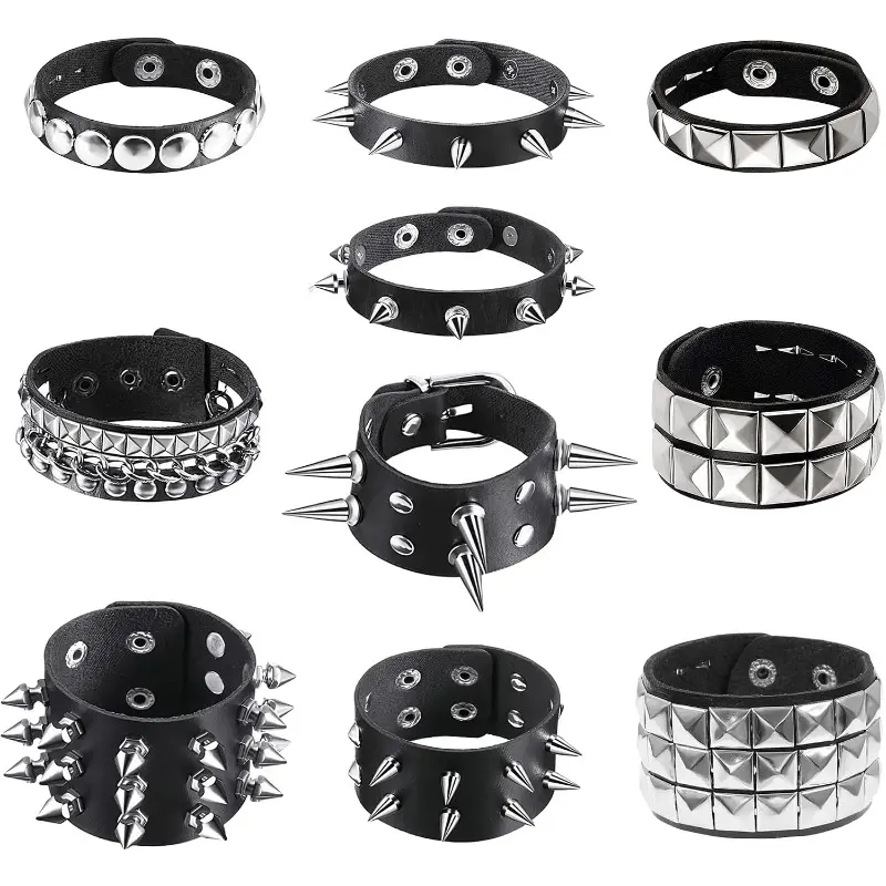 4-10 Pieces Studded Bracelet, Emo Spiked Bracelets Y2k Black Pu Leather Rivet Punk Bracelet Rock Cuff Goth Bracelets Punk Accessories Halloween for Men Women