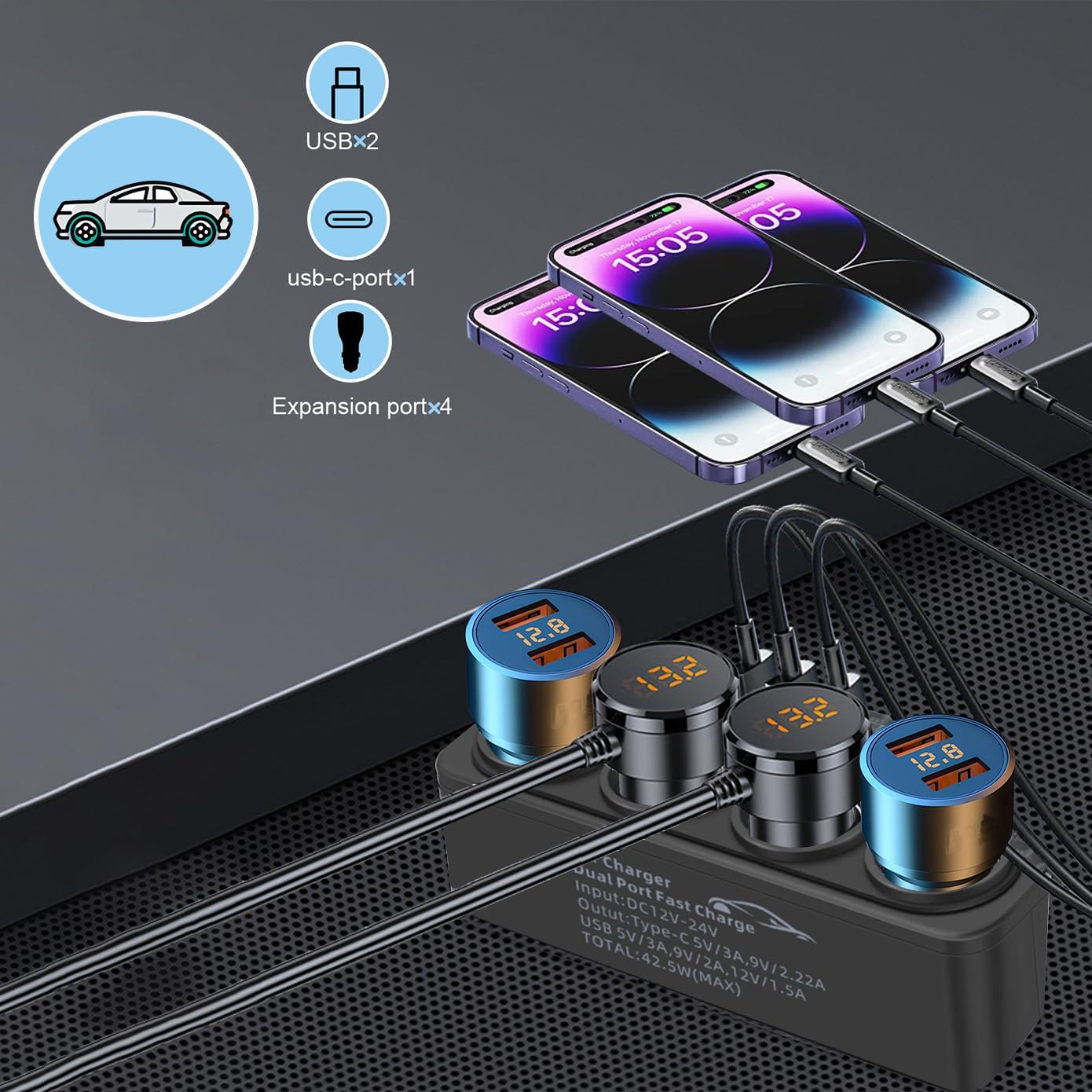 120W Multi-Function Cigarette Lighter Splitter, Cell Phone Car Charger, 4 Cigarette Lighter Sockets, 1 PD Fast Charger Port 2-Port USB Power Adapter for Cell Phones Adapter