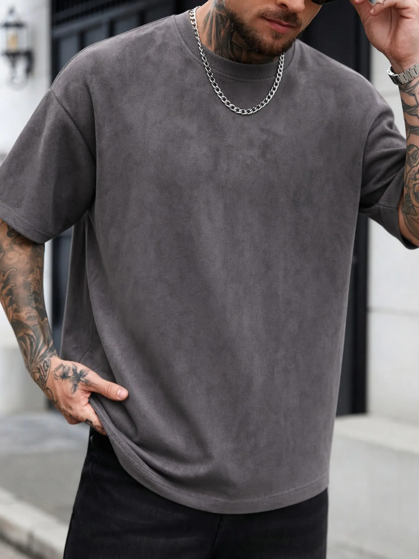 Men's Suede Velvet Knit Short Sleeve T-Shirt, Soft Texture, Loose Fit, Round Neck, Hip Hop Street Style, Summer Casual Wear