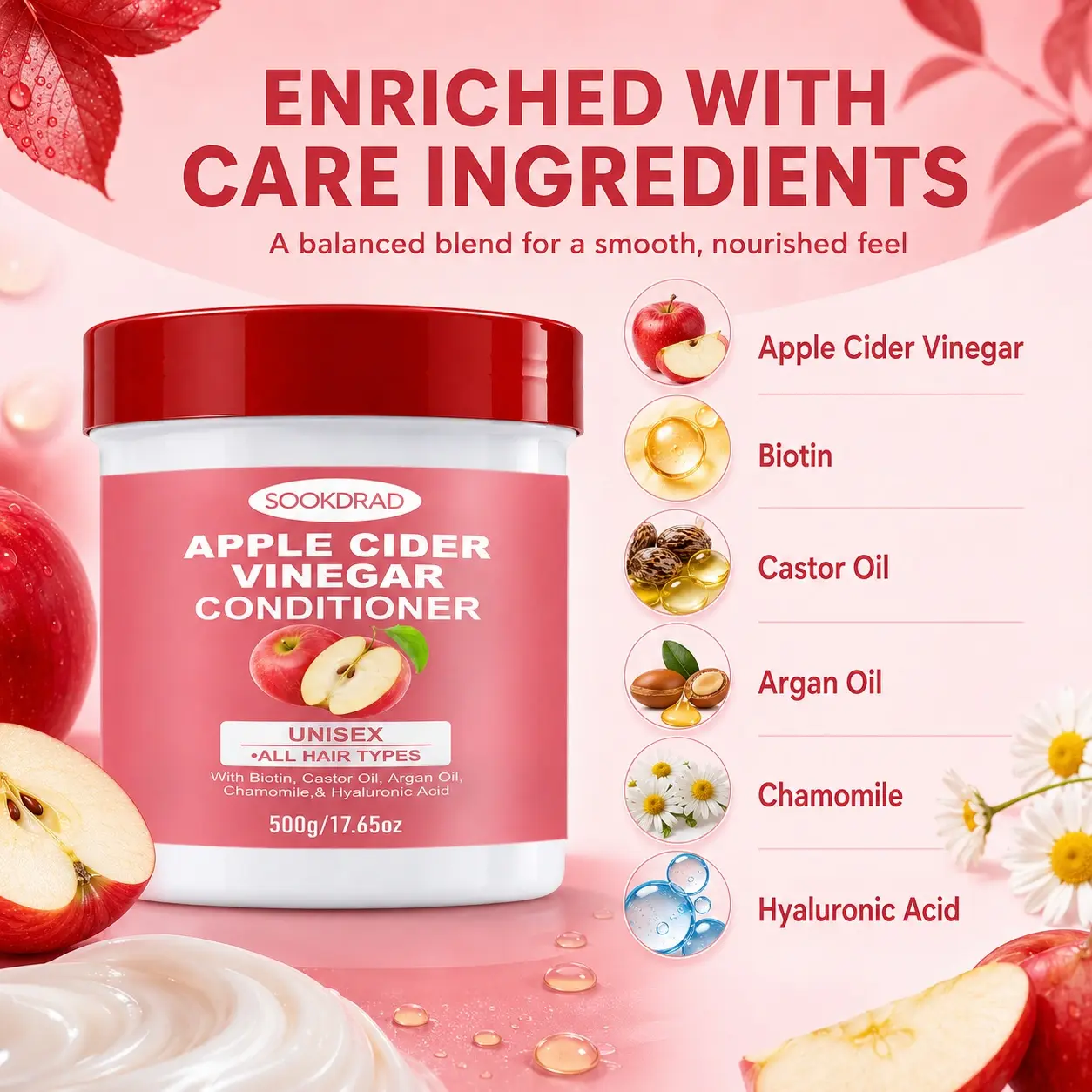 Apple Cider Vinegar Conditioner, with Biotin, Castor Oil, Argan Oil, Chamomile, Hyaluronic Acid, for all hair types, unisex, 500g