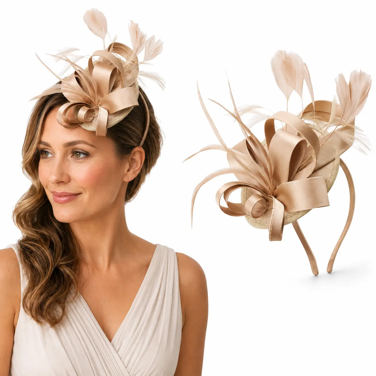 Elegant Feather Fascinator Hat for Women, Detachable 2-in-1 Satin Headpiece with Clip & Headband for Formal Weddings & Tea Parties, Wedding, Dual-Use, Soft Feathers, Two-Way Wear
