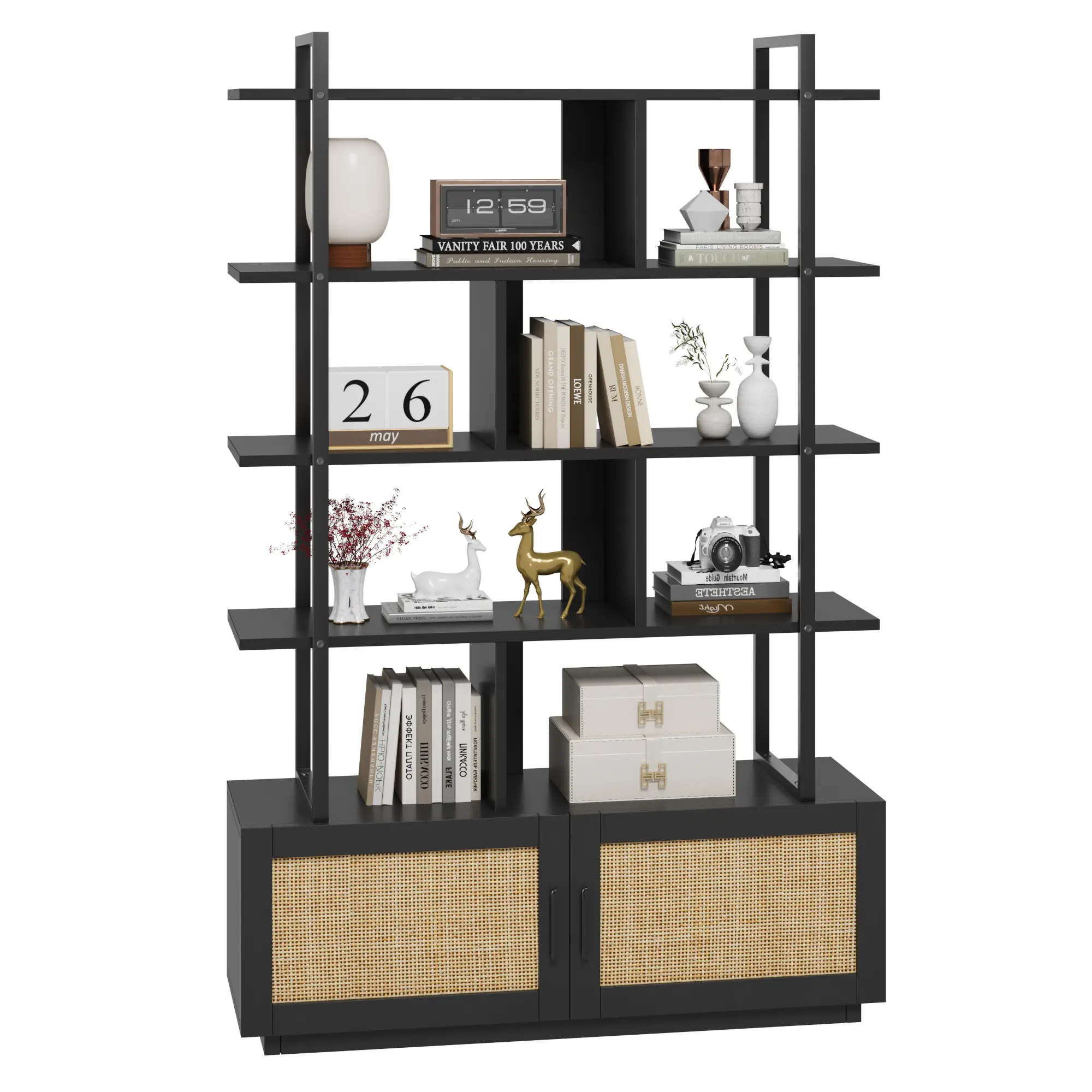 5 Tier Rattan Bookshelf, 71.1" Open Bookcase with Cabinet, Freestanding Display Rack with Metal Frame, Open Storage Rack for Bedroom