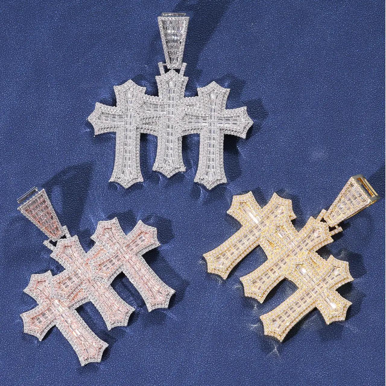 Iced Out New Fashion Baguette Triple Cross Clustered Pendant High Quality Triple Micro Pave Bling CZ Charm Pendant Necklace for Men