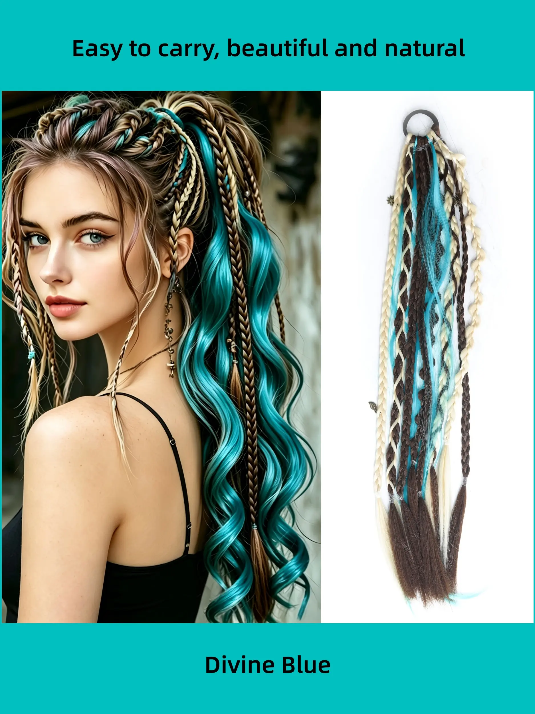 Synthetic Messy Braid Elastic Ponytail, 20-Inch Bohemian-Style Braided Ponytail Wig with Hairband, Travel & Casual-Style Decorated Wig