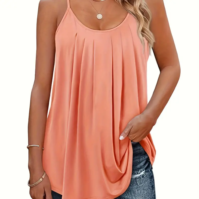 [Plus Size] Plain Plicated Scoop Neck, Casual Minimalist Sleeveless Adjustable Spaghetti Strap Top for Summer, Summer Outfits 2024, Women's Plus Size Clothing for Daily Wear