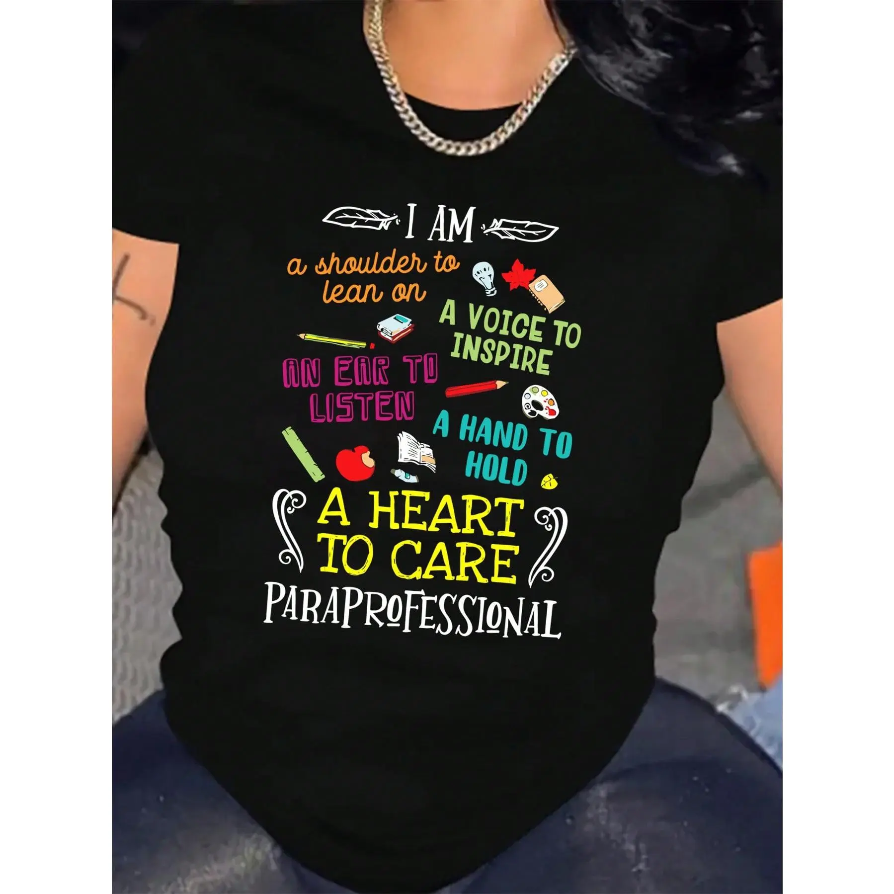 Women's Lightweight Regular Fit 1-Piece Round Neck Loose Cotton Paraprofessional Teacher Appreciation Short-Sleeve Sports Top - All Over Educational Icons, "Paraprofessional" Lettering, Soft Elegant Casual, Machine Washable Aide Gift (Black)