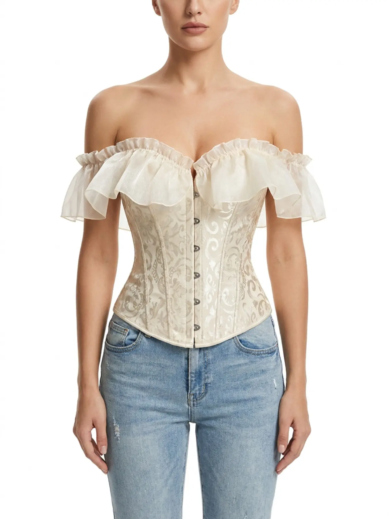 Vintage Off the Shoulder Ruffle Corset Top, Floral Brocade Bustier with Lace-Up Back, Sexy Renaissance Victorian Style Lingerie for Women, Party Clubwear