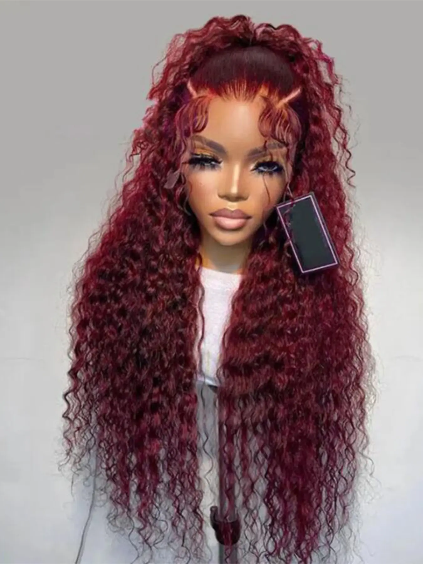 Burgundy Soft Long 26 Inch 180 Density Kinky Curly 99j Wine Red Front Lace Wig, Glueless Heat Resistant Synthetic Hair, Daily Wear Pre-plucked Pre Plucked Wigs