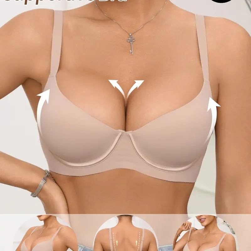 Women's Comfortable Jelly Bra Adjustable Wide Straps Medium Support Push-Up Lined Everyday Wear Underwear, Elegant Plain Design