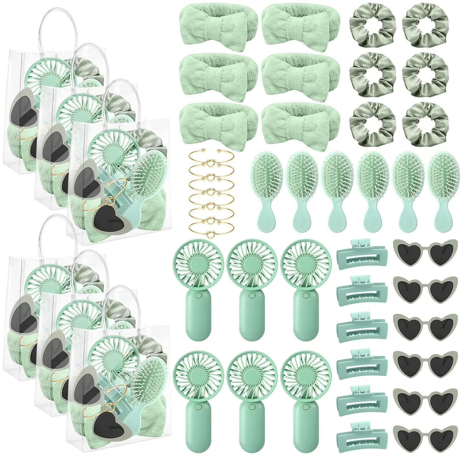 48 count 6 Sets Bridesmaids Gifts Set Mini Portable Fan Hair Clips Scrunchies Sunglasses Travel Detangling Brush  Headband Bracelets PVC Bag for Bachelorette Party Bridal Shower (Green)