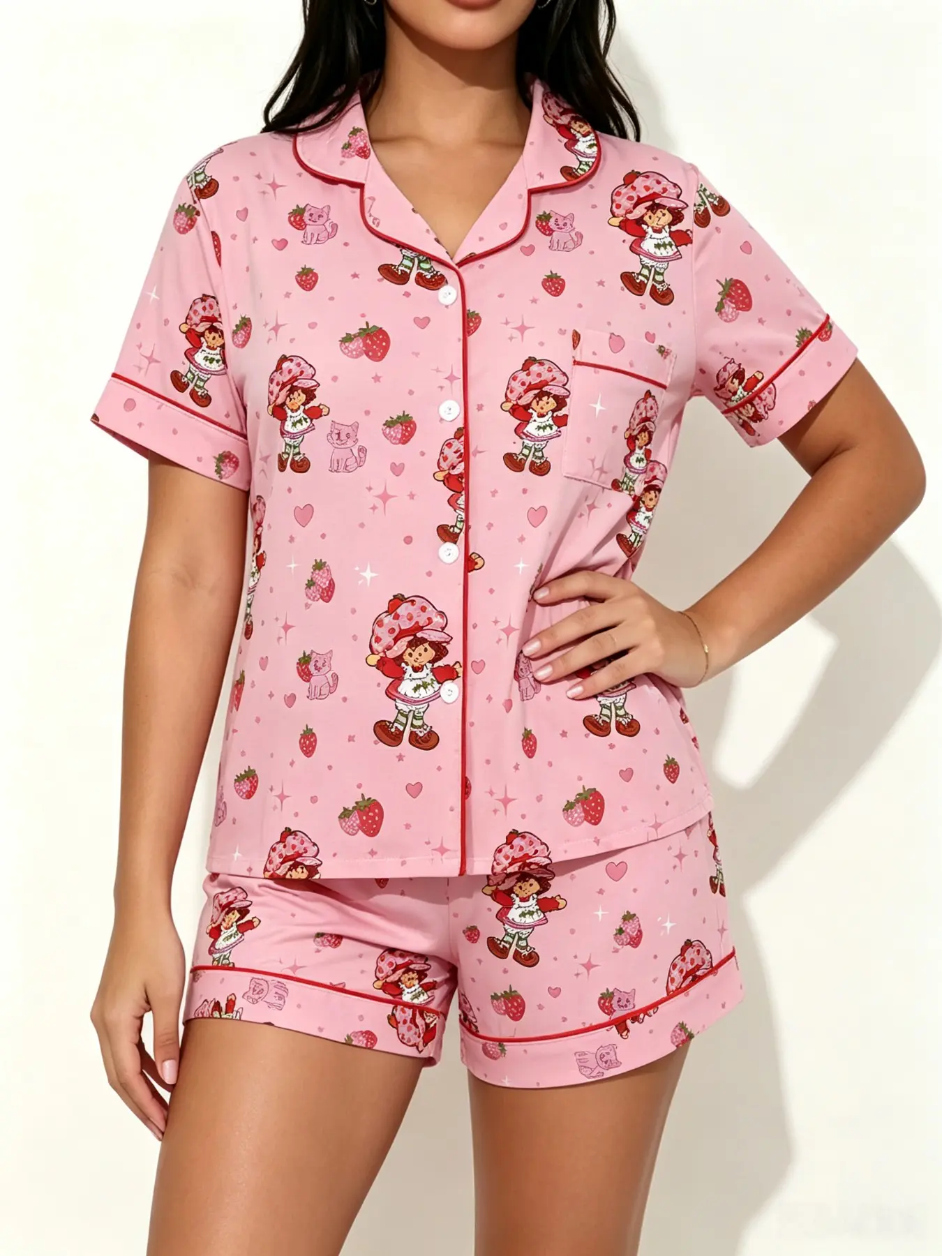Adorable Strawberry Cartoon Pajama Set for Girls, High-Quality Home Wear, Soft Fruit Cat Heart Patterns, Comfortable Breathable Sleepwear