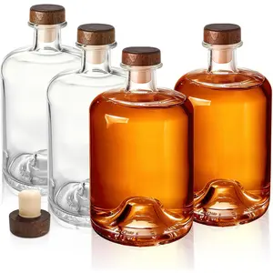 4 Pack Glass Liquor Bottles, 25 Oz Clear Wine Bottles with T-Top Cork Stopper, Heavy Base Vodka Whiskey Bottle Dispenser for Beverages, Drinks, Oil, Vinegar, Kombucha Beer