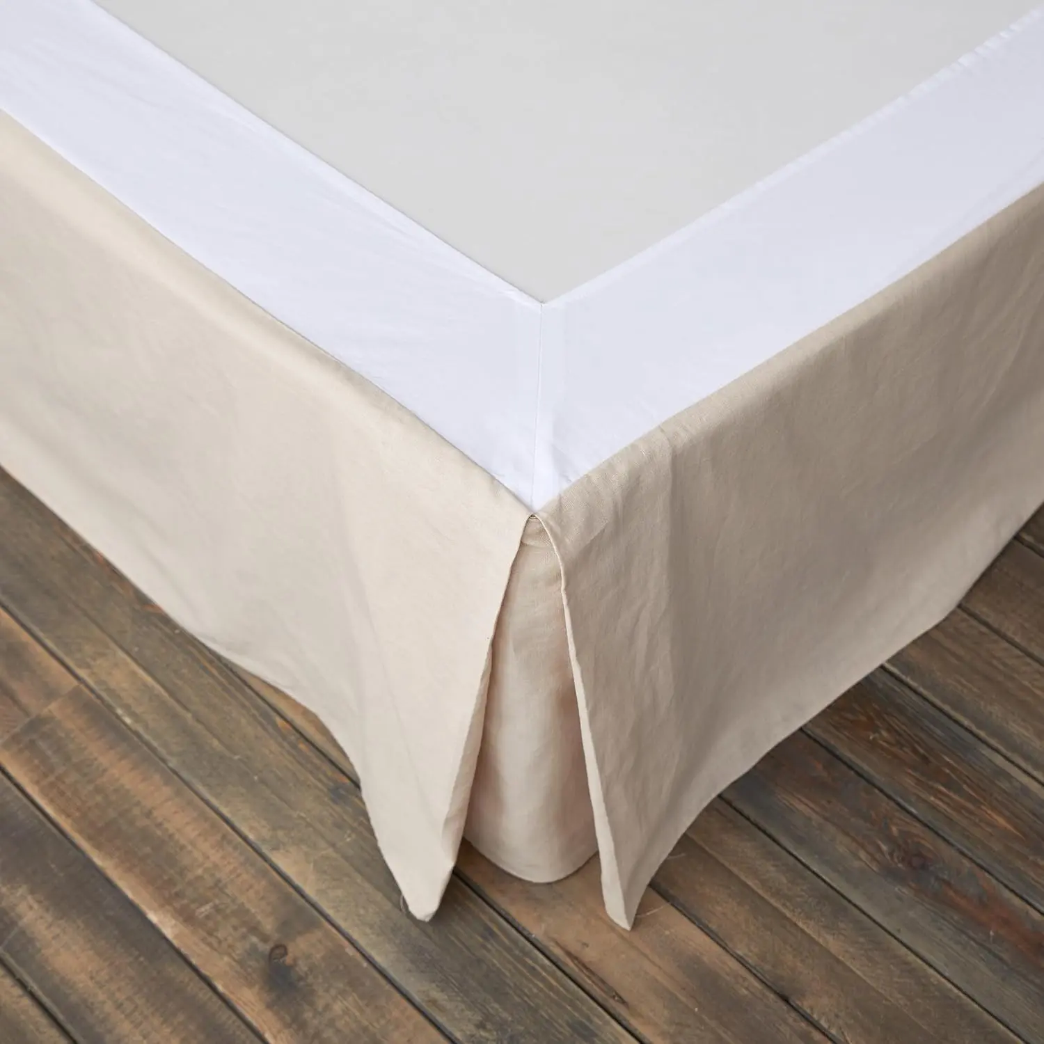 French Linen Wrap Around Bed Skirt with Pleated Corner 14-Inch Tailored Drop Natural Flax Cotton Blend Basic Soft Cozy (14" Queen, Linen), 14" Drop, Bedroom Use