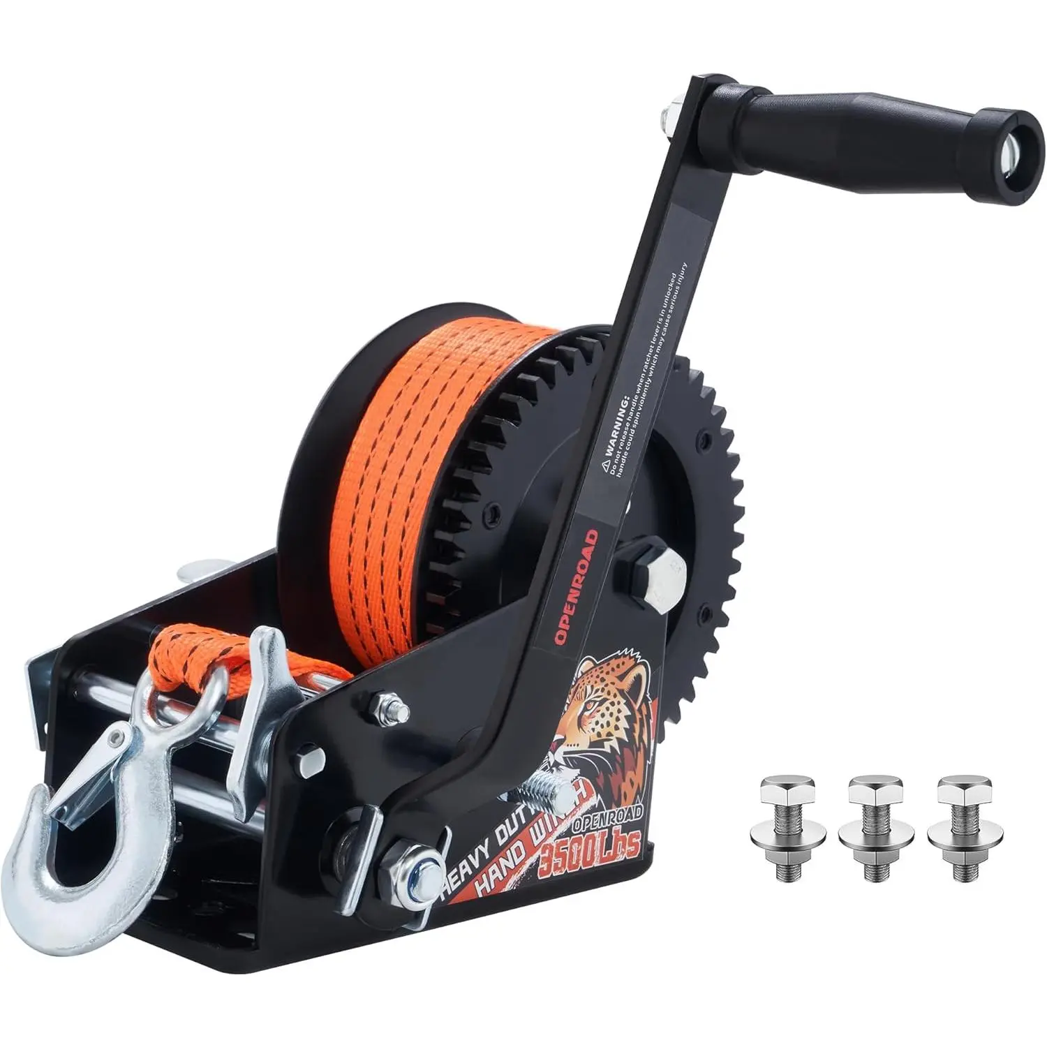OPENROAD Heavy-Duty 3500LB Boat Trailer Hand Winch - 32 FT Orange Strap, 2-Way Ratchet with 4:1/8:1 Gear Ratio, Installation Screws Included - Ideal for Boat, ATV