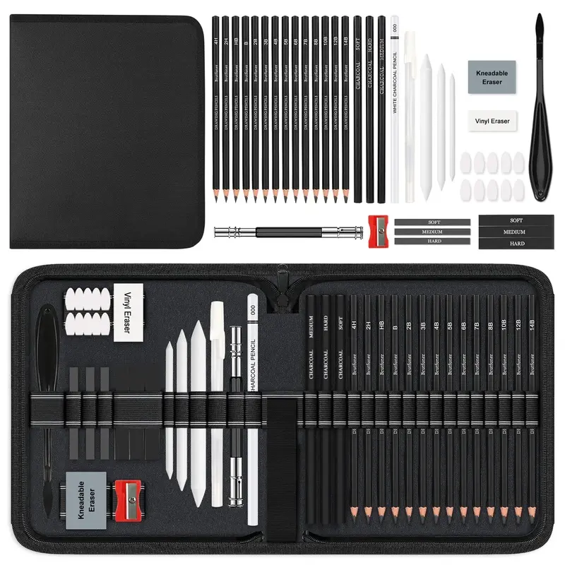 44 Piece Sketching Pencil Set, Drawing Kit with Graphite and Charcoal Pencils, Blending Tools, Erasers and Art Accessories, Portable Zippered Case for Artists and Beginners, Sketching Supplies