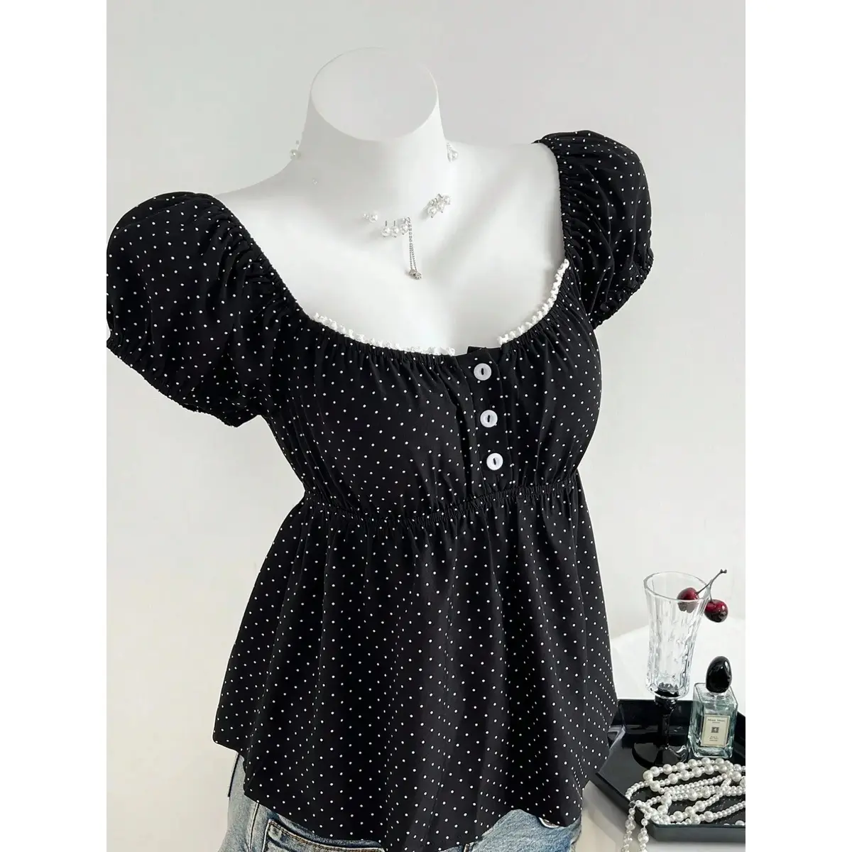 Women's Spring Summer Polka Dot Square Neck Waist Cinched Short Sleeve Top - Slimming Cut Bubble Sleeve Babydoll Blouse, French Casual Daily Commute Fitted Shirt