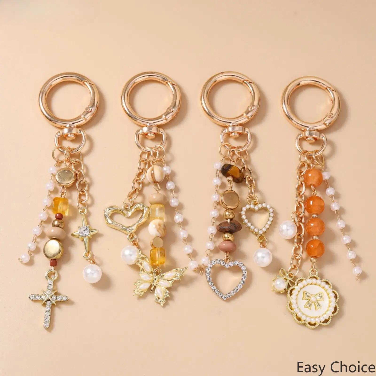 Beaded Wristband Keychain for Women, Whimsical Multi‑Pendant Bag Charm with Butterfly, Heart, Cross and Disc Ornaments, Funky Unique Decorative Accessory for Purses, Handbags & Daily‑Use Keys